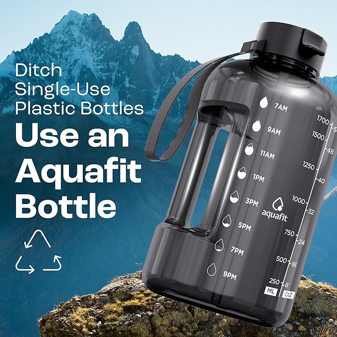AQUAFIT 64 oz Water Bottle with Time Marker - Straw & Chug Lid - BPA Free Half Gallon Gym Water Bottle with Handle - Big Gallon Jug (Clarity, 64 Ounces)