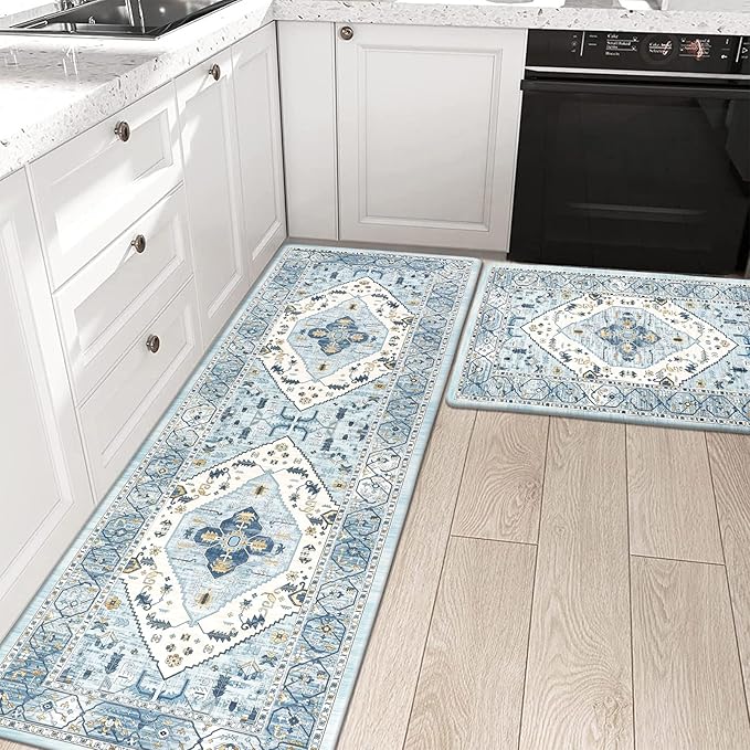Pauwer Anti Fatigue Kitchen Mats for Floor 2 Piece Set, Cushioned Memory Foam Kitchen Rug, Non Slip Kitchen Runner Rug Carpet, Waterproof Kitchen Sink Area Rug Comfort Standing Mat for Kitchen Laundry