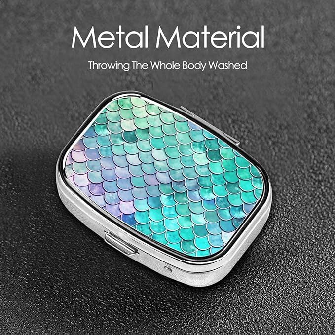 Mermaid Fish Scales Print Square Metal Pill Box with 2 Compartment for Pocket or Purse Travel Bag Small Size 2.2 inche