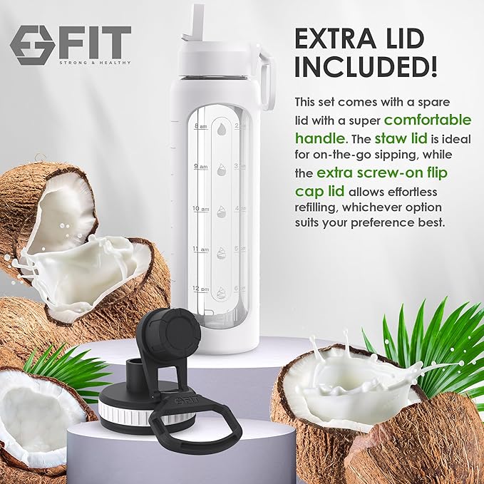 FIT Strong & Healthy 32 oz Glass Water Bottle with Straw Lid - Wide Mouth Borosilicate Glass Water Bottles with Time Marker, Silicone Sleeve & Extra Lid - 1L Large Motivational Drinking Bottle