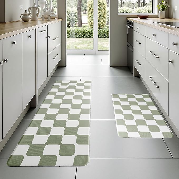 Sage Green Retro Curvy Checkered Grid Checkerboard Kitchen Rug Sets [2 PCs], Anti-Fatigue, Waterproof Non-Slip Kitchen Mats Heavy Duty Comfort Foam Rug for Floor, Home, Laundry,17"x29"+17"x47"