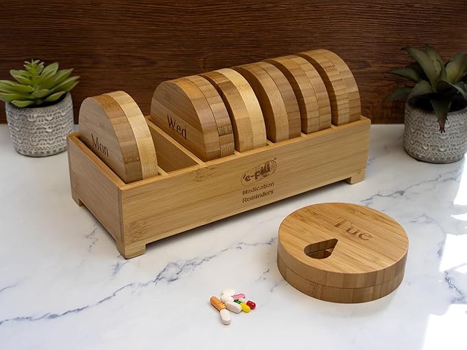 e-Pill Bamboo Weekly Pill Organizer, 7 Day Pill Box for Tablets, Vitamins or Supplements (Weekly)