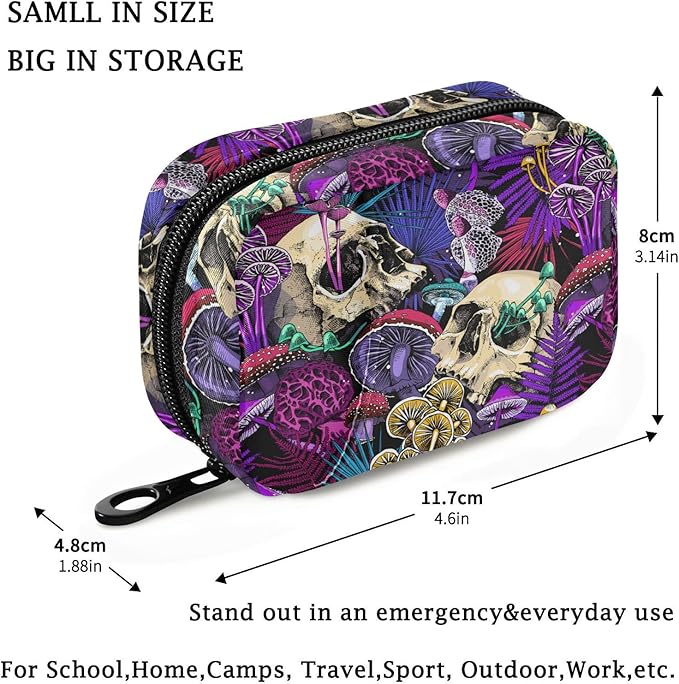 Fustylead Psychedelic Mushrooms Skulls Pill Organizer and Storage Weekly with Zipper, Removable Pill Box Portable Medicine Organizer for Vitamin Fish Oil Supplement