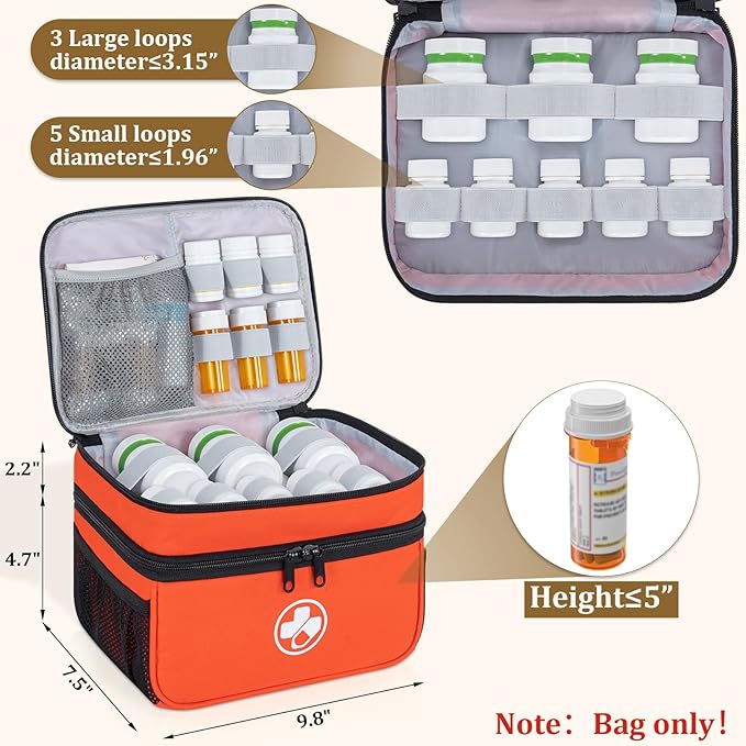 Dual Layers Medicine Organizer Bag, Pill Bottle Organizer Storage with Lockable Zipper, Lockable Medicine Travel Case for Pills, Vitamins, Medical Supplies, Orange（Lock not Included）