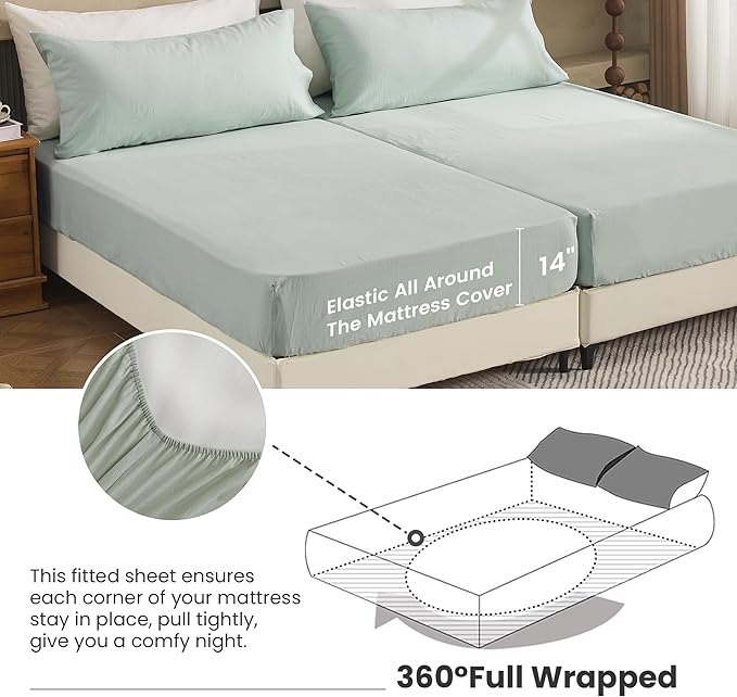 Simple&Opulence Belgian Linen Sheet Set Solid Color - 5 Pieces (1 Flat Sheet, 2 Fitted Sheets & 2 Pillowcases) Natural Flax Cotton Blend Soft Breathable Farmhouse Bedding - Split King Size, Mint Green