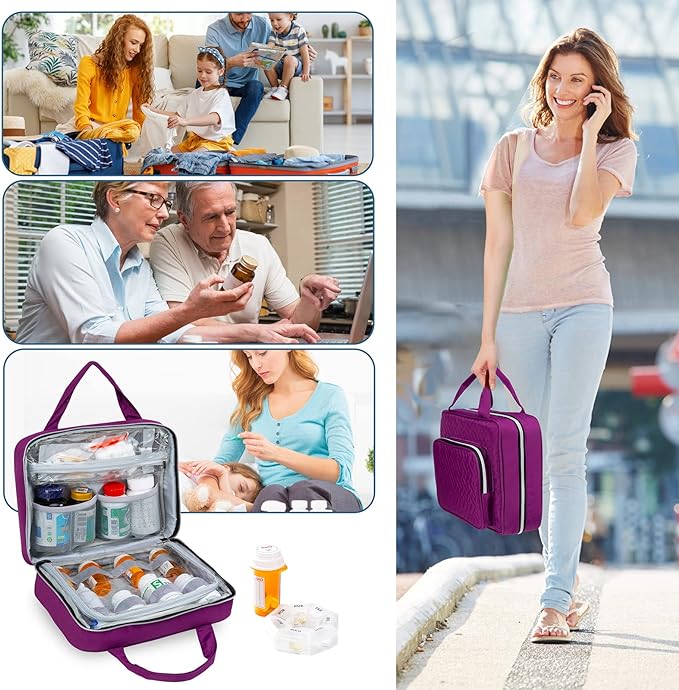 BAGSFY Medicine Bag for Traveling, Pill Bottle Organizer Storage, Large Medication Travel Case, Pills Box for Vitamin, First Aid Kit Bags Empty. (Comes with Weekly Pill Organizer)