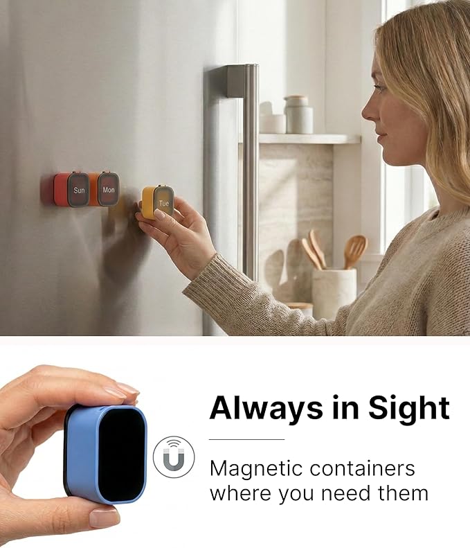 Pill Box 7 Day – Weekly Pill Organizer with Magnetic Detachable Compartments, 1 Time a Day for Vitamins & Supplements, Easy-Open Lids, Color-Coded Daily Containers with Easy-to-Read Day Markings