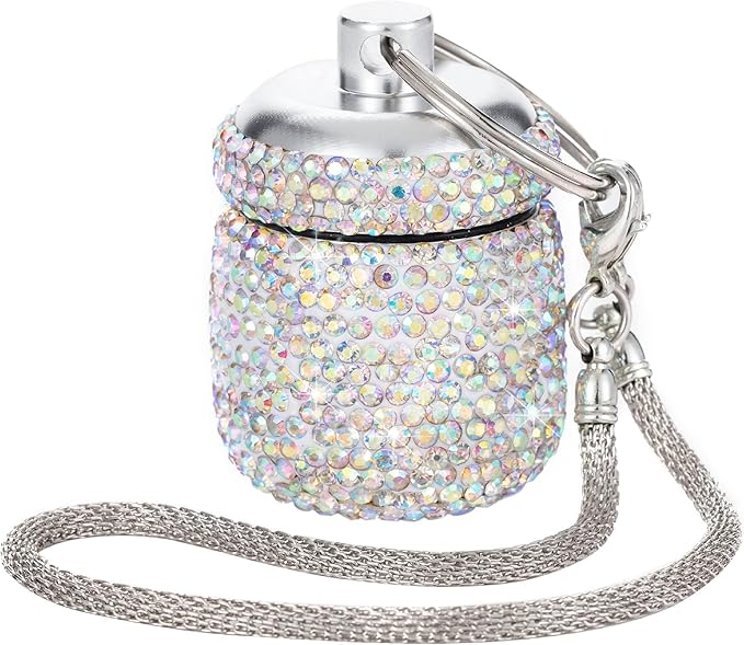 Keychain Pill Box Diamond Small Pill Organizer Medication Lock Box Cute Medicine Case for Purse Jewelry Ring Holder with Keychain Medicine Storage for Vitamin Supplement (AB)