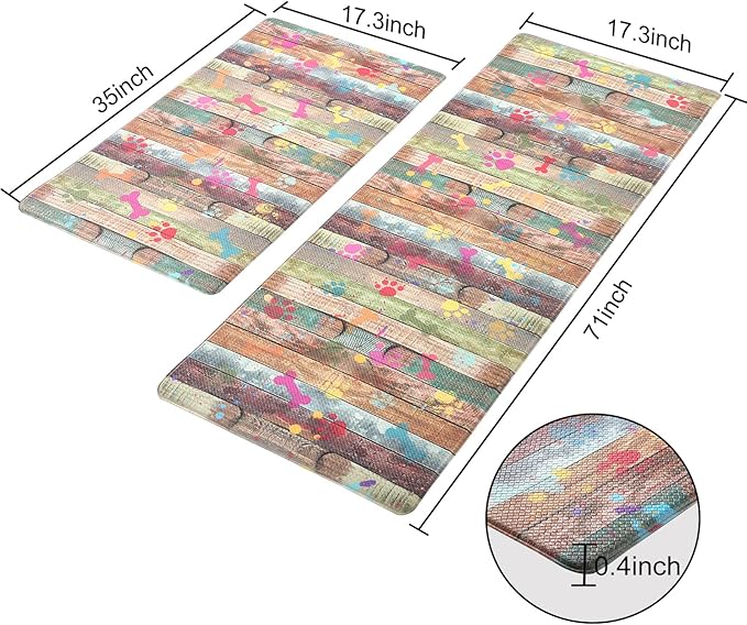 Extra Large Kitchen Mats Cushioned Anti Fatigue Farmhouse Kitchen Mats for Floor 2 PCS Waterproof Non-Slip Comfort Standing Mat,Dog Paw(Green/Multicolor)