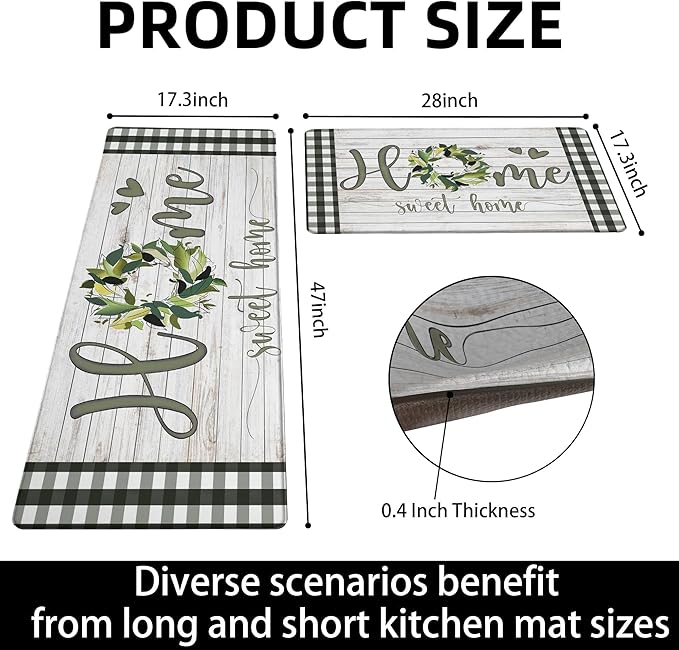 Qahing Farmhouse Kitchen Rugs Mats Sets of 2 Cushioned Anti Fatigue Kitchen Mats for Floor Spring Non Slip Memory Foam Kitchen Floor Mats Waterproof Comfort Standing Mats for Sink, 17.3"x28"+17.3"x47"