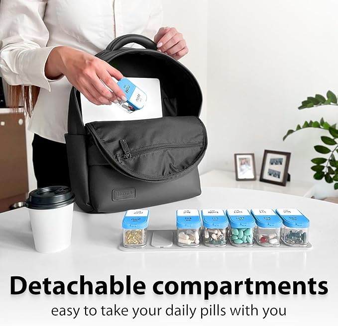 Extra Large Weekly Pill Organizer - XL Vitamin Holder with 7 Detachable AM PM Compartments - Portable Medicine Dispenser for Home and Travel, Big Supplement Container for Weekly or Daily Use, Blue