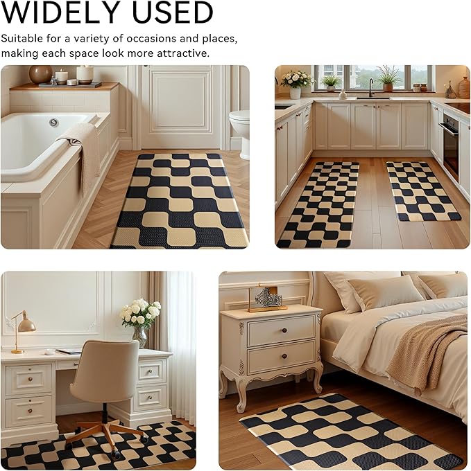 Black Brown Retro Curvy Checkered Grid Checkerboard Kitchen Rug Sets [2 PCs], Anti-Fatigue, Waterproof Non-Slip Kitchen Mats Heavy Duty Comfort Foam Rug for Floor, Home, Laundry,17"x29"+17"x47"