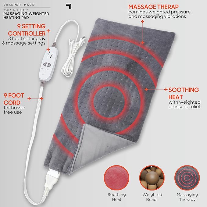 Calming Heat Massaging Vibrations Weighted Heating Pad by Sharper Image | Temperature Settings,Auto Shut-Off Feature,Gift for Holidays,Women & Men | 3 Heat,6 Massage,12” x 24”,4 lbs,(Pack of 6)