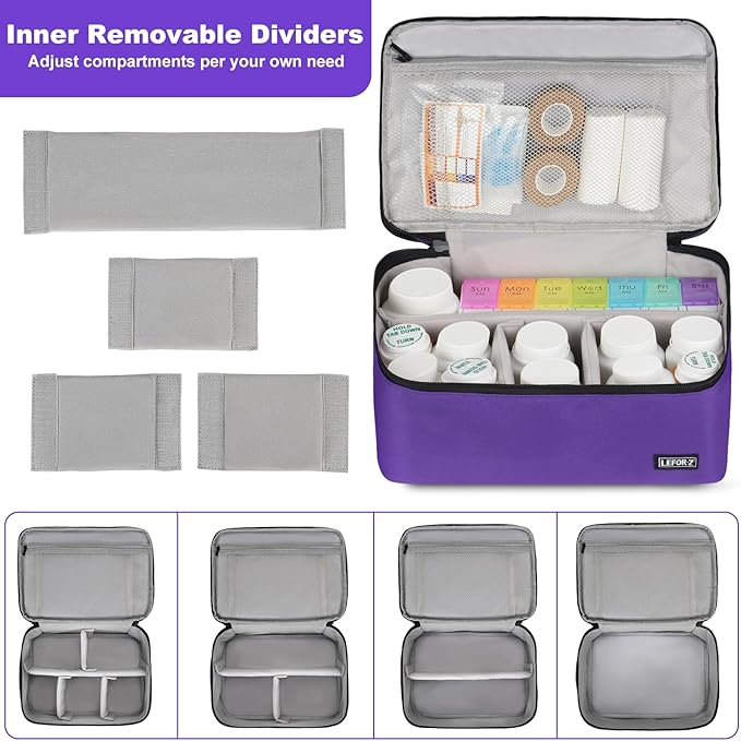 Medicine Storage Bag,Double Layers Pill Bottle Organizer Bag Empty with Lockable Zipper&Adjustable Divider,Medication Travel Carrying Bag for Pills,Vitamins,Medical Supplies,Purple