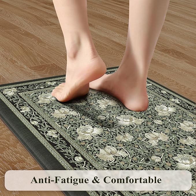 KIMODE Anti Fatigue Mats for Kitchen Floor Non Slip,Boho Floral Rugs Sets of 2,Cushioned Padded Carpet for Laundry Sink,Memory Foam Comfort Standing Mat for Office,Black 17"x29.5"+17" x47”