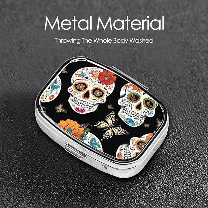 (Sugar Skulls) Square Pill Box with 2 Compartment Small Pill Organizer Portable Pill Case Vitamin Containers, Travel Essentials 2.2 x 1.6 x 0.7 inches