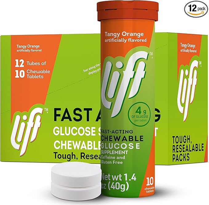 Lift Glucose Fast-Acting Glucose Chewable Energy Tablets, Orange, 10 ct Tube (Pack of 12)