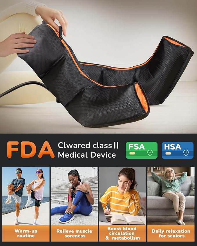 Leg Massager with Heat and Compression : Foot and Calf Massager for Circulation and Pain Relief, Sequential Compression Boots with 6 Modes, 9 Intensity, 3 Heat