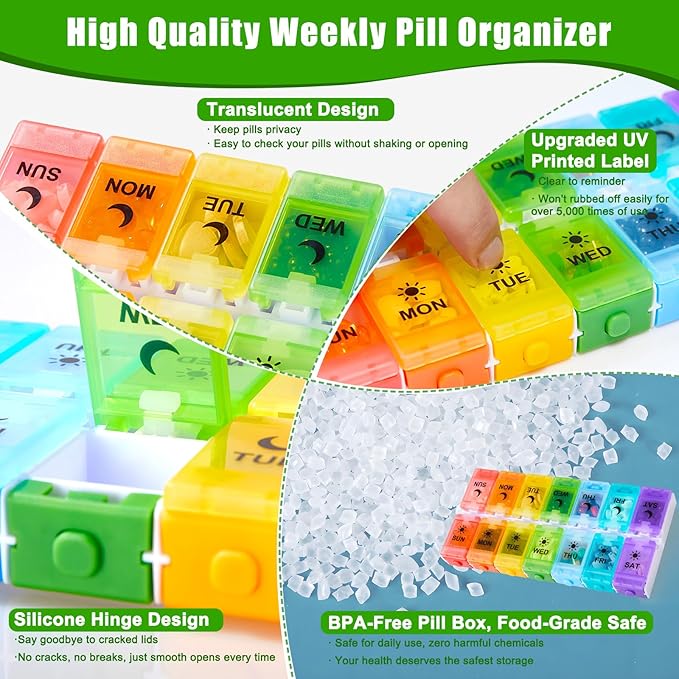 Weekly Pill Organizer 2 Times a Day, Large Pill Box 7 Day with Big AM/PM Compartments for Easy Filling, Push Button Pill Container Travel Pill Case Holder Dispenser for Supplement (Rainbow)