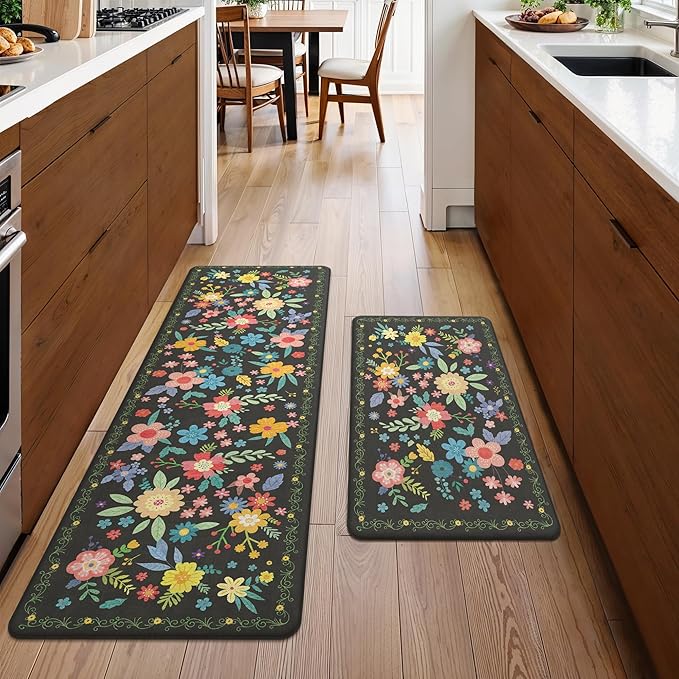 GENIMO Kitchen Mats for Floor 2PCS, Cushioned Kitchen Rugs Non Slip Washable, Farmhouse Anti Fatigue Mat Waterproof, Comfort Standing Mat Rug for Office, Home, Laundry, 17.3"x59"+17.3"x30", Black