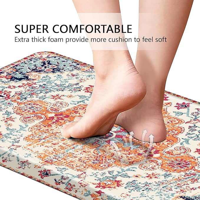 MAYHMYO Boho Kitchen Mat Anti Fatigue Ethnic Kitchen Cushioned Floor Mat Orange Blue Kitchen Rugs Non Slip Cool Rugs for Kitchen Floor Office