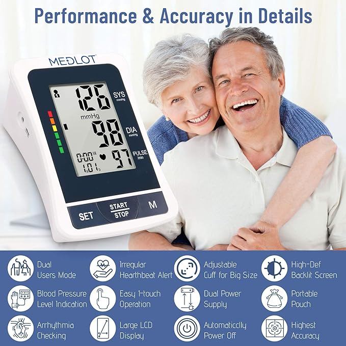 LotFancy Blood Pressure Monitor, Automatic BP Gauge & Upper Arm Large Cuff(8.6"-16.5”) Kit, Digital BP Meter Accurate Tester Machine for Home Use, 2 User, with 120 Reading Memory, Large LCD Display
