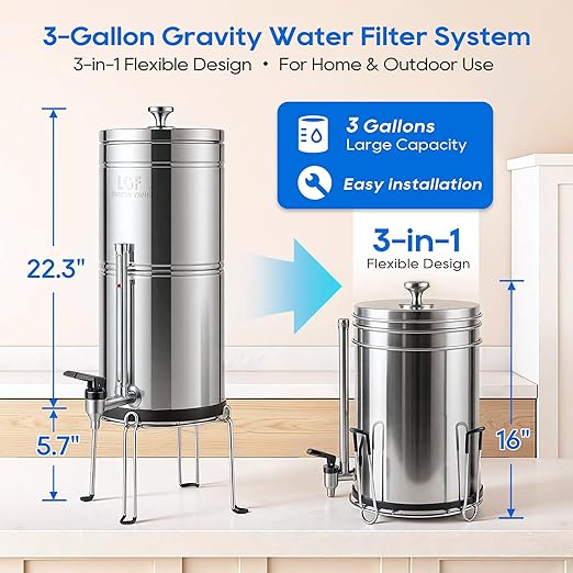 LCF 𝐒𝐢𝐥𝐯𝐞𝐫 𝐈𝐨𝐧𝐬 Enhanced Gravity Water Filter System, Reliable Alternative to Berkey Water Filter System, NSF/ANSI 42&372 Standard, Reduces 99% Chlorine, 6 Filters, Water Level Spigot, 3Gal