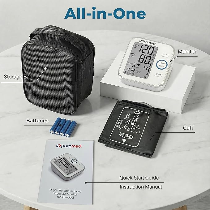 Paramed Blood Pressure Monitor - Bp Machine - Automatic Upper Arm Blood Pressure Cuff 8.7-16.5 inches - Large LCD Display 120 Sets Memory - Device Bag & Batteries Included