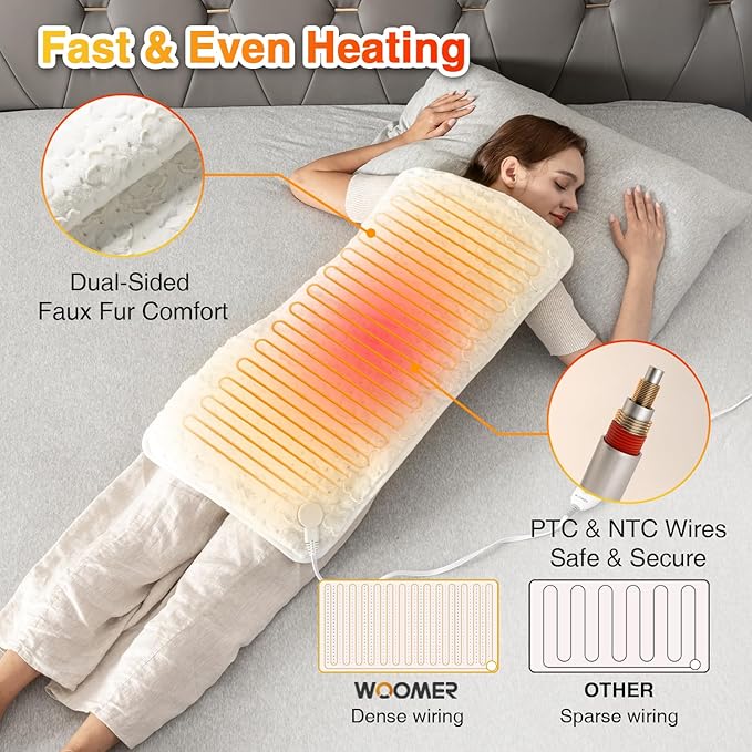 Woomer Faux Fur Electric Heating Pad for Back Pain Relief, Extra Large 17” x 33”, Extended Coverage from Neck to Hip, Two-Sided, Moist Mode, ETL Certified, 6 Adjustable Heats & 2H Auto-Off,White
