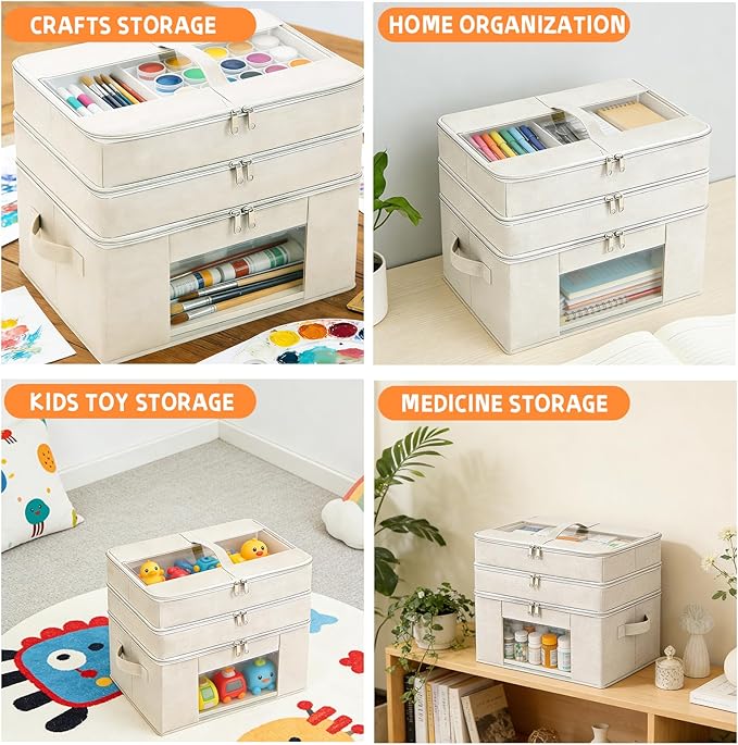 3-Tier Medicine Cabinet Organizer, Foldable Medicine Storage Box with Clear Cover and Handle, Fabric Multipurpose Medicine Organizer Box for First Aid, Home and Travel
