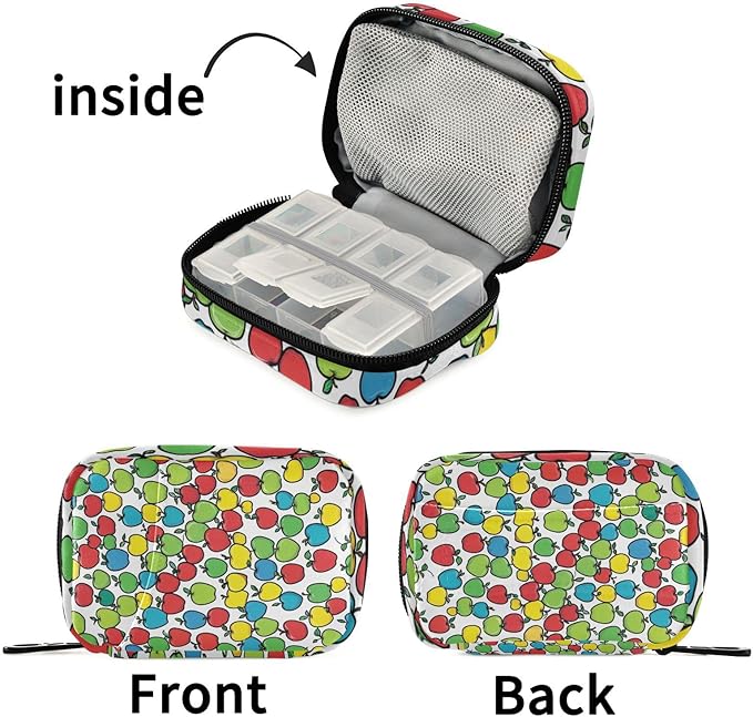Colorful Apples Travel Pill Organizer Case Box Container Weekly Portable Vitamin Medicine Holder Storage Bag with Zipper Removable