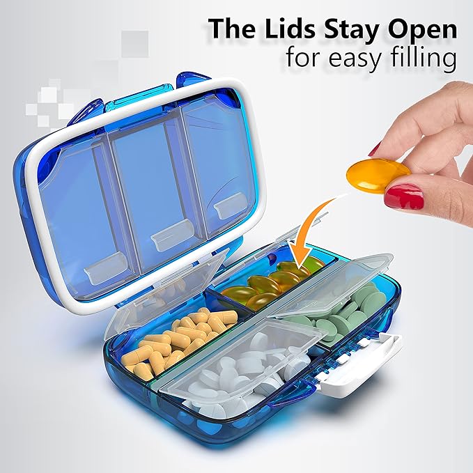 Travel Pill Organizer - Moisture Proof Portable Vitamin Holder with 7 Compartments, Compact Supplement Case for Purse Essential Medicine Kit fot Traveling Pocket Pharmacy with Labels, Blue