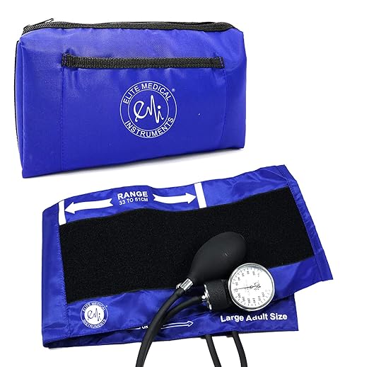 EMI Aneroid Sphygmomanometer Manual Blood Pressure Cuff - Plus Carrying Case (Large Adult - Royal)