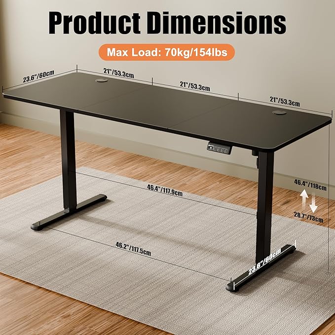 ERGOMAKER Electric Standing Desk, 63" x 23.6" Height Adjustable Sit Stand Desk with Splice Board for Home Office, Computer Desk Memory Preset (Black Frame, Black Desktop)