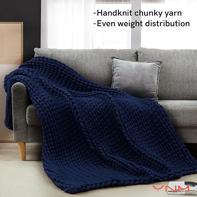 YnM Weighted Blanket, Handmade Chunky Knitted Design, Soft and Cozy, Temperature Regulating and Breathable, Machine Washable Throw for Sleep or Home Decor (Prussian Blue, 80x87 Inch, 25lbs)