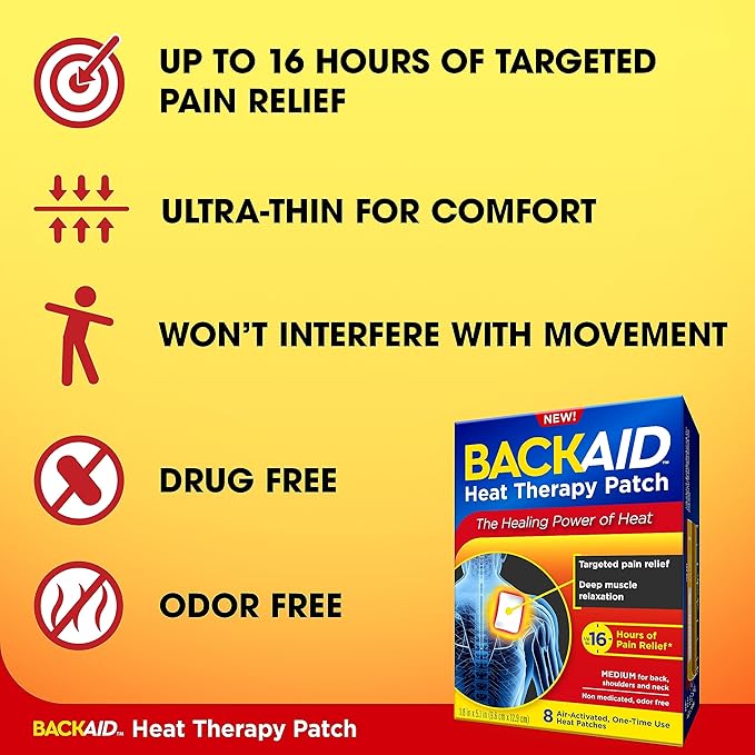 Backaid Heat Therapy Patch, Air-Activated Therapeutic Heat, Medium for Back, Shoulders, and Neck Pain Relief, 8 Count