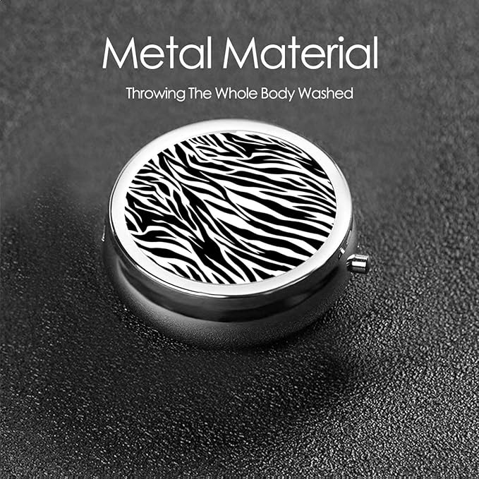 Zebra Print Printed Round Travel Pill Box Cute Small Metal Pocket Pill Case for Men & Women 3 Compartment Portable Pill Organizer for Purse or Pocket