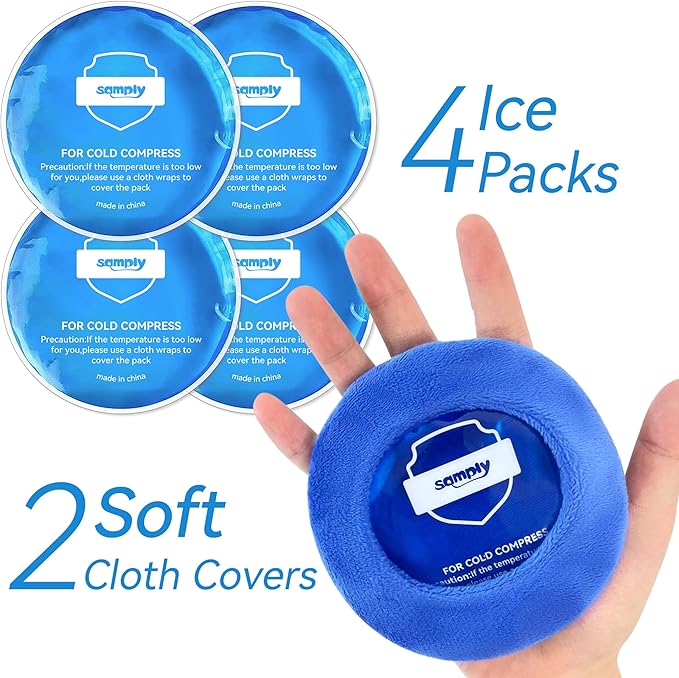 samply Small Gel Ice Packs for Boo Boos, Cold Packs for Injuries Reusable Pain Relief, Headaches and Toothaches,Eyes, Face, 4 Pack Mini Round Ice Packs with 2 Covers for Cold Compress