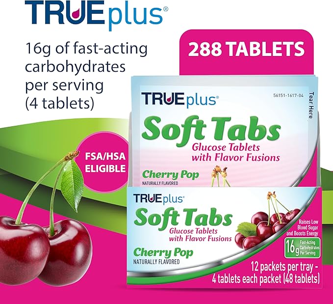 TRUEplus Soft Tabs Glucose Tablets, Chewable, Cherry Pop Flavor, 16g Fast-Acting Carbohydrates, Fat Free, Gluten Free, Raise Low Blood Sugar and Boost Energy, 4 Count, 72 Packs