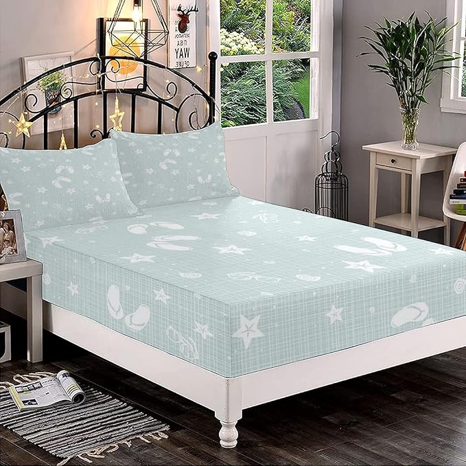 XISUNYA Decorative Bedding Sheet Set Full Size, Aqua Fitted Sheet & 2 Pillowcases Set(No Flat Sheet), Beach Theme Sea Shells Starfishes Flip Flops Glasses Summer Print Microfiber 3pc Bed Sheets Set