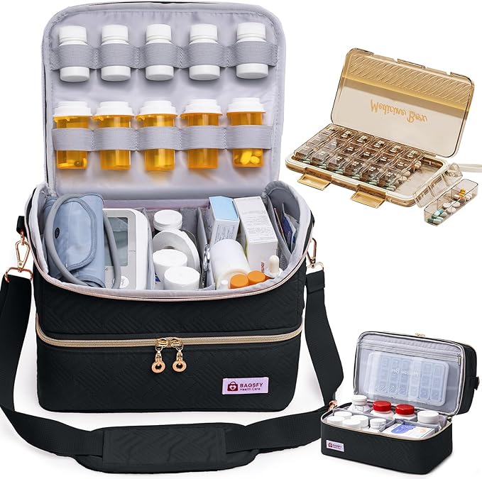 BAGSFY Travel Medicine Bag Organizer with 7-Day Pill Organizer, AM & PM Pill Box, Medication Storage, First Aid Kit Case