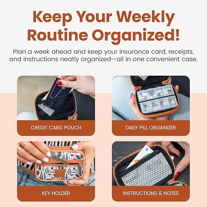 Made Easy Kit Pill Case - Weekly Medicine Organizer with Removable Seven-Day Vitamin & Supplement Box (Light Brown Woods)