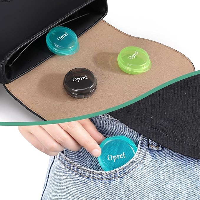 Opret Small Pill Box (3 Pcs), Cute Pill Case Portable for Pocket Purse Briefcase Travel Pills Box Medicine Storage Container Earplug Case (Black&Cyan&Green)