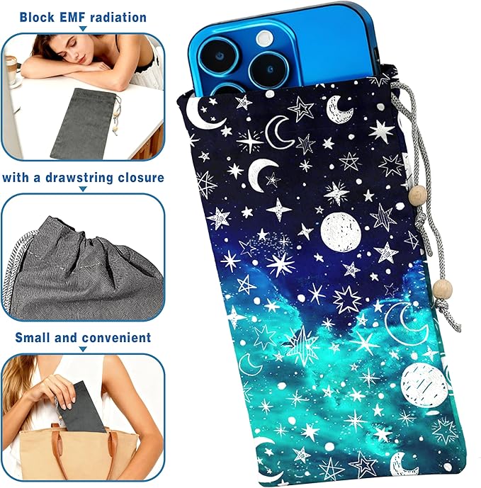 EMF Shield Sleeve for Cell Phone Reduce Signal Anti-EMP Pouch Against Radiation, EMF, 5G, RFID Blocking 4x8 Inch Moon and Star Phone Sleeve Bags
