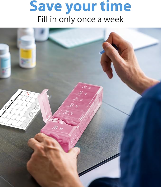 Extra Large Pill Organizer - XXL Vitamin Holder for Weekly Supplements - Double Sided Pill Box 7 Day with Big AM PM Compartments Huge Daily Medicine Dispenser 2 Times a Day Reliable and Easy-to-Use