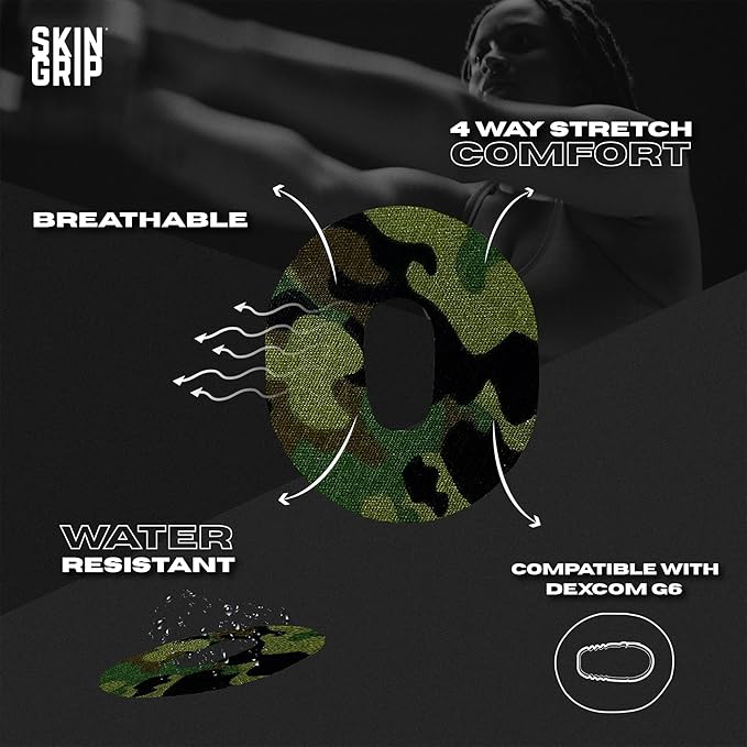 Skin Grip Adhesive Patch Compatible with Dexcom G6 Adhesive Patches Waterproof & Sweatproof with Cutout, Lasts 10-14 Days, Continuous Glucose Monitor Patch, CGM Sensor Cover – 20 Pack, Camo