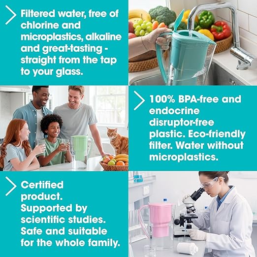 Alkanatur Alkaline Hydrogen Water Filter Pitcher - Removes Fluoride, Chlorine, Microplastics, PFAs, Lead - Activated Coconut Carbon, Ionizer, pH 9.5, Adds Magnesium (Filter with Added Zeolite (Blue))