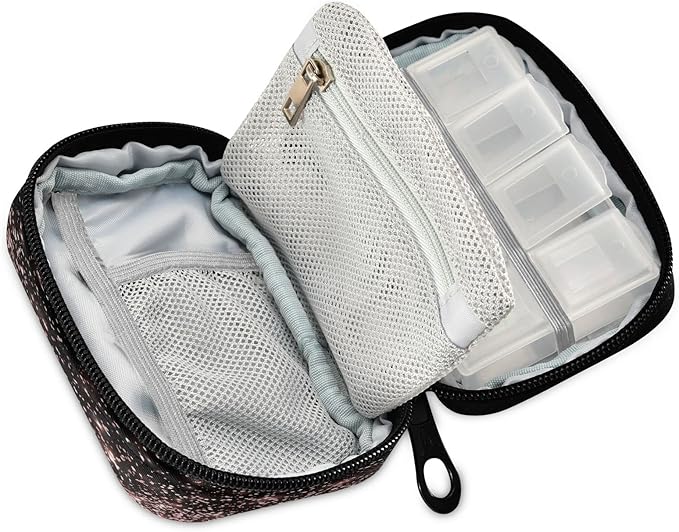 Rose Gold Black Glitter Pill Organizer Case 7 Day Travel Pill Box with Zipper Portable Weekly Vitamin Medicine Supplement Holder Pouch Bag
