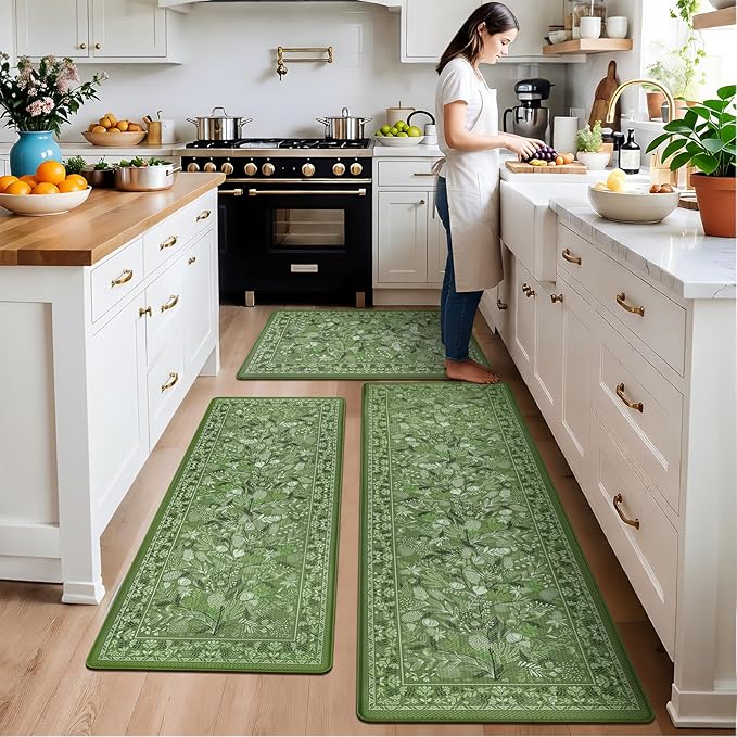 Kitchen Rugs Sets of 3 Green Botanical Floral Anti-Fatigue Kitchen Mat, Waterproof Non Slip Comfort Standing Mat Rug for Home, Sink, Laundry 17.3"x29.5"+17.3"x47.2"+17.3"x59"