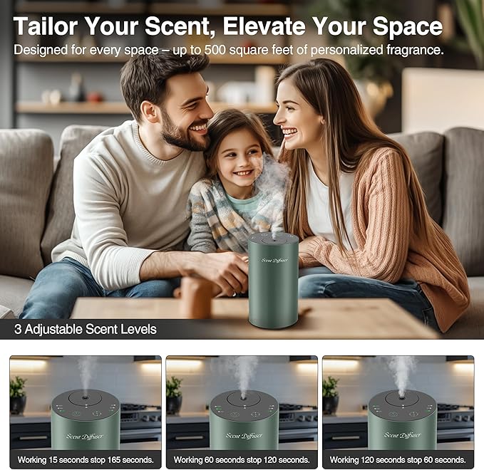 Waterless Essential Oil Diffuser Starter Kit - No Water Needed, Battery Operated Mini Scent Air Machine, Included 3x20ML Essential Oils, Portable Aromatherapy Diffuser for Home & Car & Office, Green